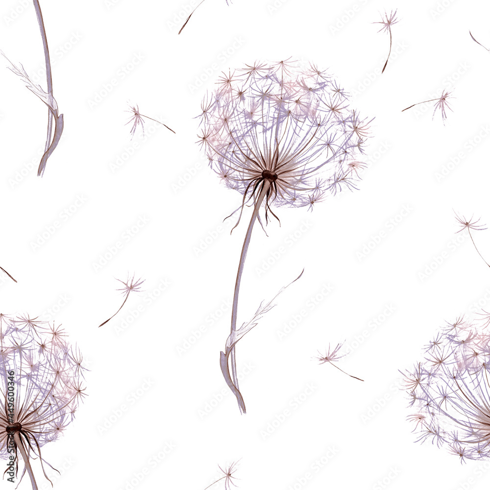 Boho flowers watercolor seamless paper for fabric, Dandelion Floral repeat  pattern, Beige and purple floral rustic background Stock Illustration