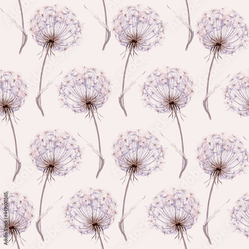 Boho flowers watercolor seamless paper for fabric  Dandelion Floral repeat pattern  Beige and purple floral rustic background