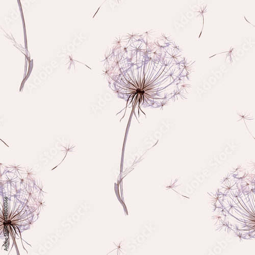 Boho flowers watercolor seamless paper for fabric  Dandelion Floral repeat pattern  Beige and purple floral rustic background