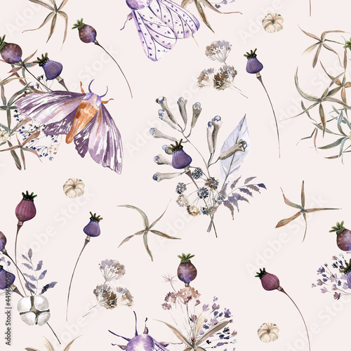 Moths and Boho flowers watercolor seamless paper for fabric, Dried Floral repeat pattern, Beige and purple floral rustic background © Olga