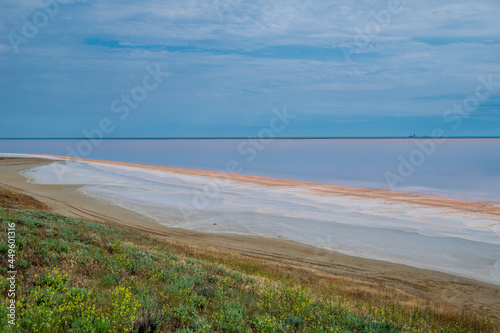 Lake Koyashskoye. Pink-orange lake, you can see the coastline with a salt crust
