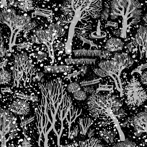 Winter white snowy city landscape with bare trees in park on black. Contrast black and white seamless pattern. Modern doodle illustration for baby design, fabric, wallpaper, Christmas packaging.