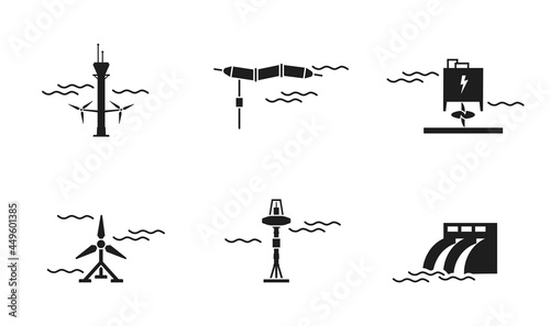 water energy icon set. tidal, wave and hydroelectric power plant. sustainable and renewable energy symbols photo