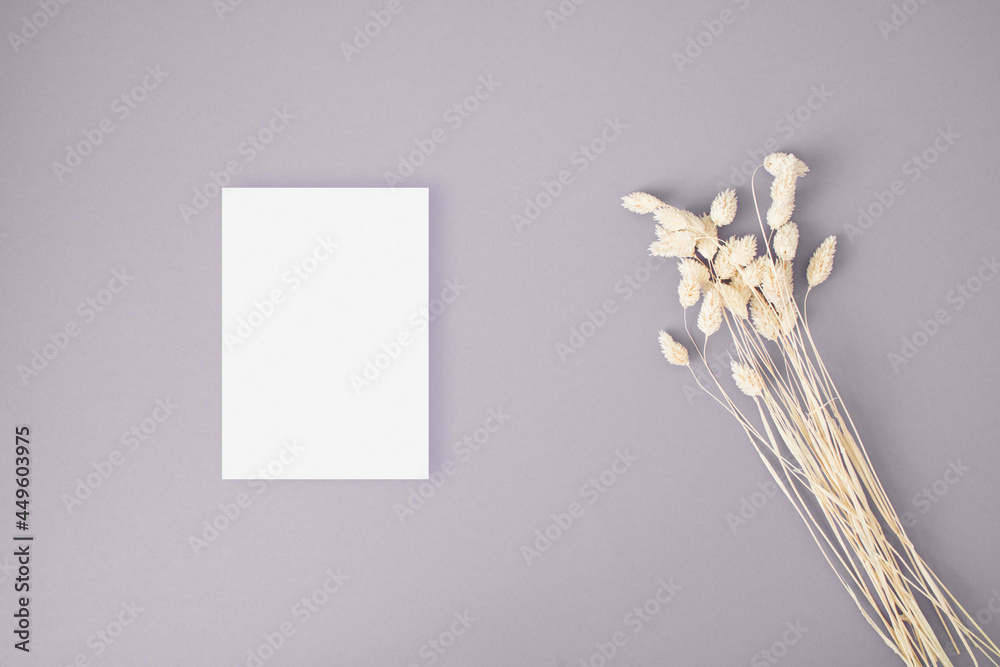 Mockup invitation card with dry grass on the purple background