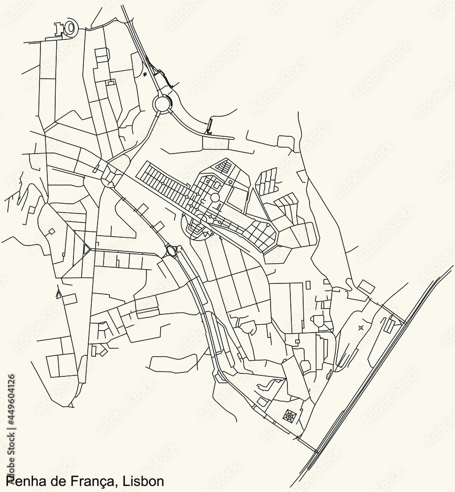 Obraz premium Black simple detailed street roads map on vintage beige background of the quarter Penha de França civil parish of Lisbon, Portugal