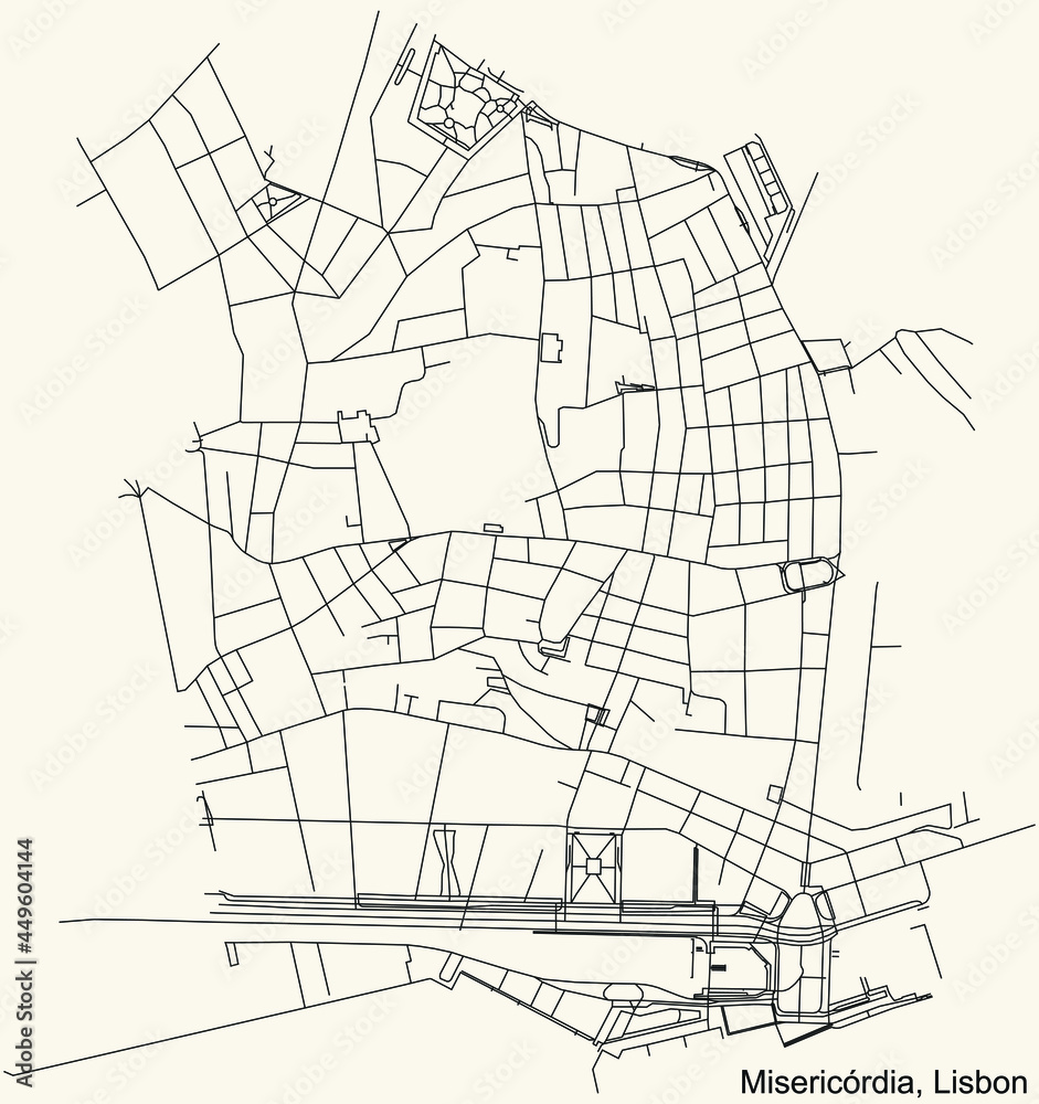 Black simple detailed street roads map on vintage beige background of the quarter Misericórdia civil parish of Lisbon, Portugal