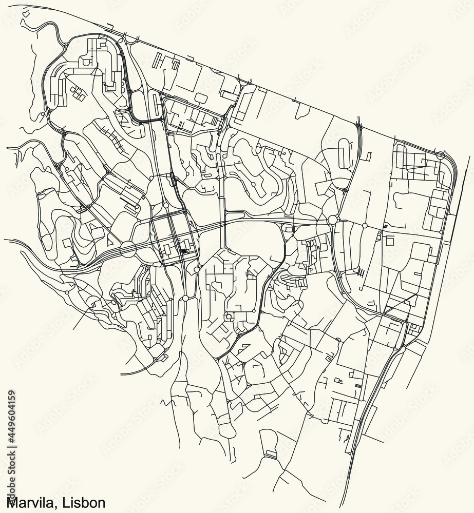 Black simple detailed street roads map on vintage beige background of the quarter Marvila civil parish of Lisbon, Portugal