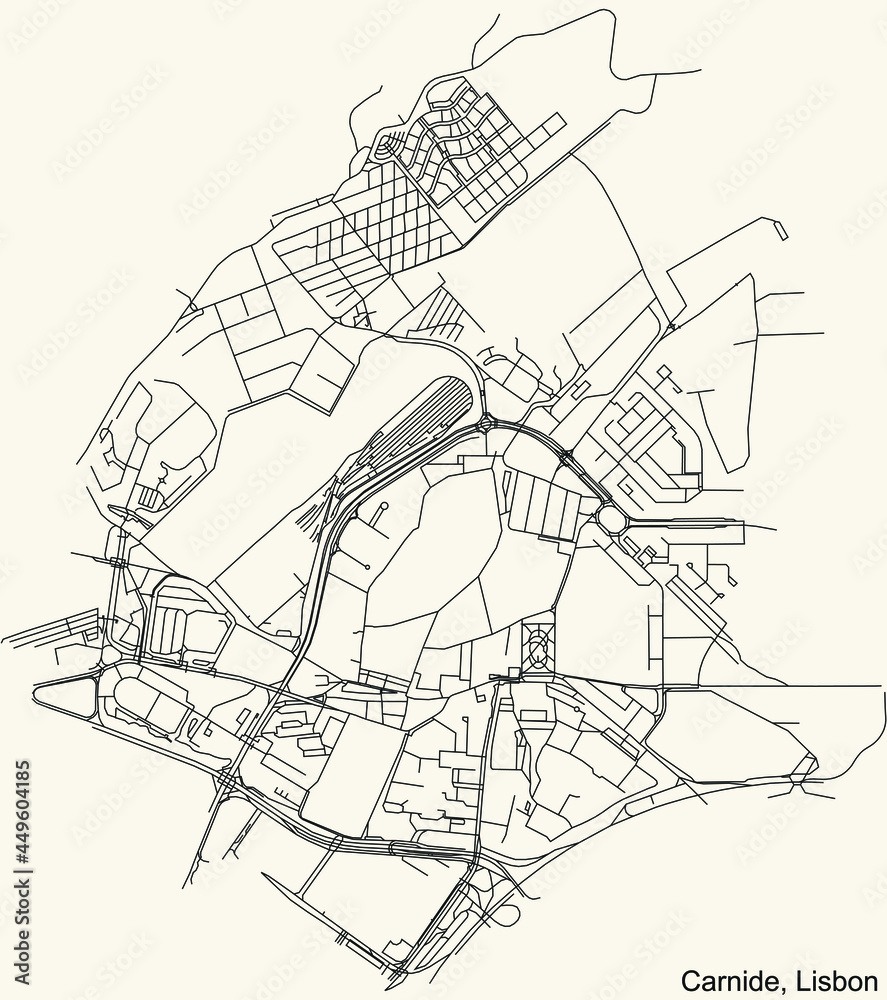 Black simple detailed street roads map on vintage beige background of the quarter Carnide civil parish of Lisbon, Portugal