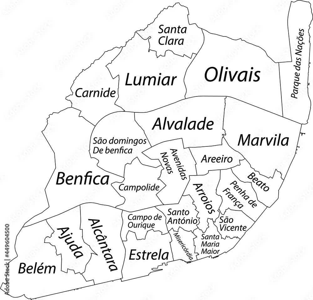 Simple white vector map with black borders and names of civil parishes of Lisbon, Portugal