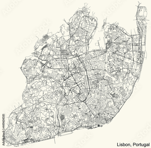 Black simple detailed street roads map on vintage beige background of the civil parishes, quarters and districts of Lisbon, Portugal