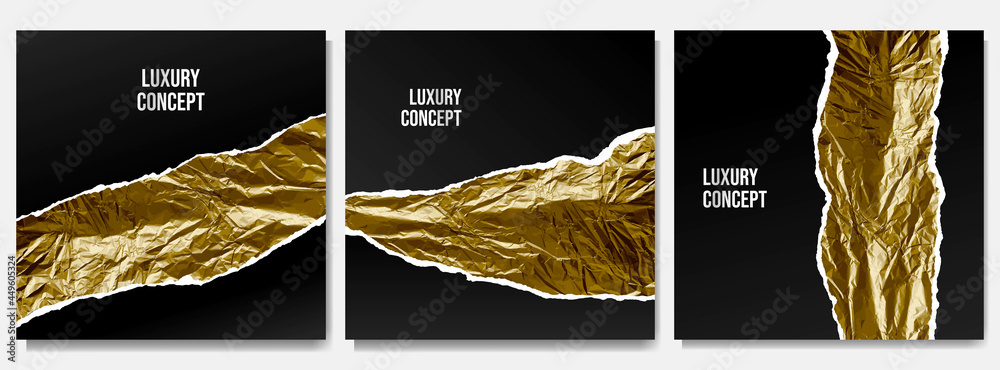 Vector illustration. Gold crumpled foil texture isolated on black background. Torn paper effect. Abstract contemporary wallpapers collection. Design for web banner, social media template, blog post