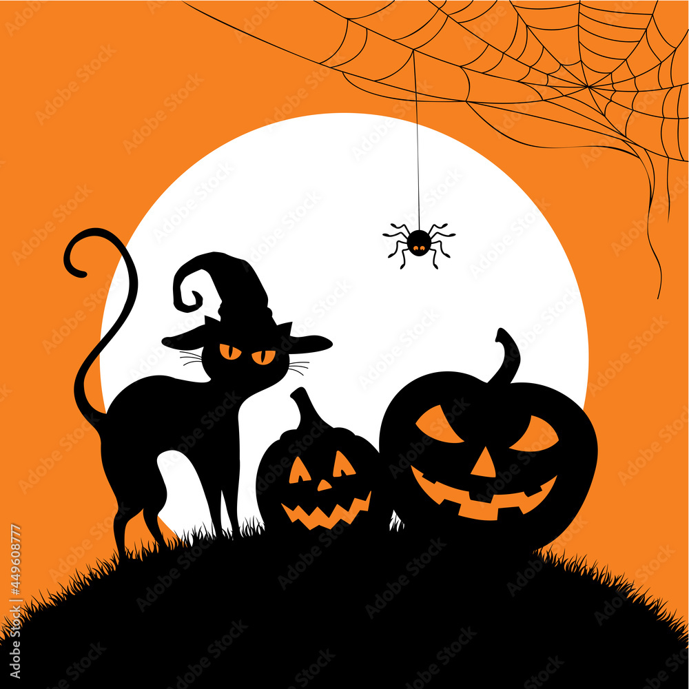 Two pumpkins and spooky cat in the hat on the background of the moon. Halloween greeting card.