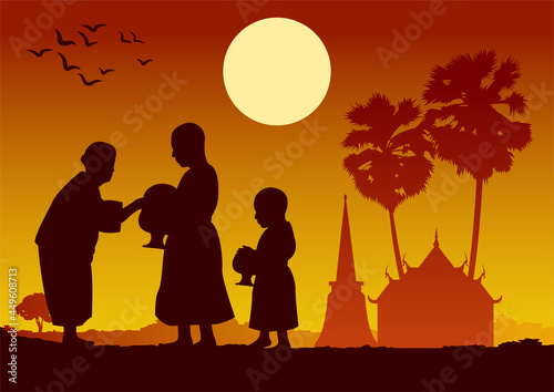 buddhist give food offering to a monk or ask as a favour receive food or ask for alms,routine of monk