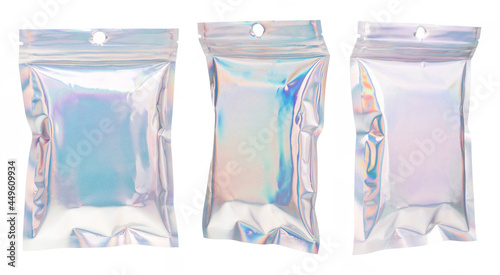 Set of Aluminum foil bag Plastic Laser Mylar Foil Zip Lock Bag isolated on white background.