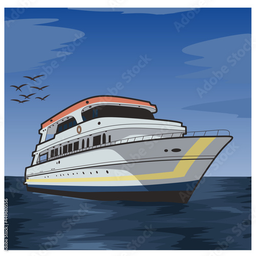 cruise ship in the middle of the sea and accompanied by birds