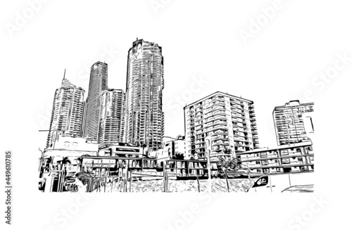 Building view with landmark of Gold Coast is the city in Australia. Hand drawn sketch illustration in vector.