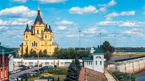 The Orthodox Cathedral of Alexander Nevsky in Nizhny Novgorod in an urban environment