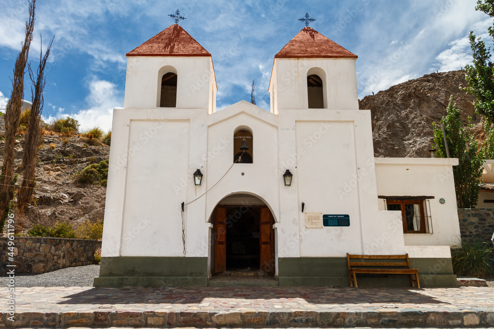 Facade of Iglesia San Cayetano with hills in the background in El Alfarcito, Salta, Argentina