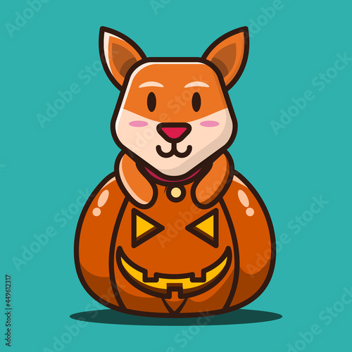 vector illustration of cute puppy hugging pumpkin