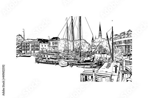 Building view with landmark of Gouda is the 
city in the Netherlands. Hand drawn sketch illustration in vector.