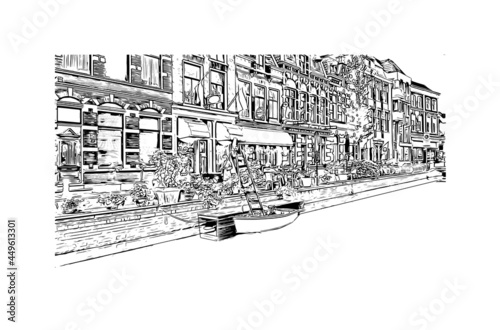 Building view with landmark of Gouda is the 
city in the Netherlands. Hand drawn sketch illustration in vector.