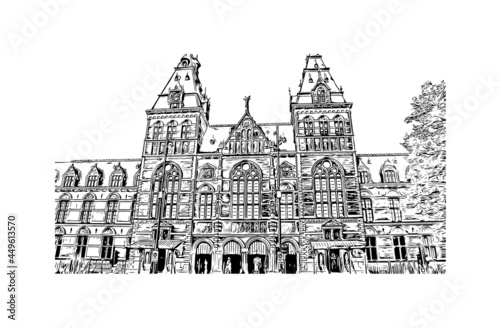 Building view with landmark of Gouda is the  city in the Netherlands. Hand drawn sketch illustration in vector.