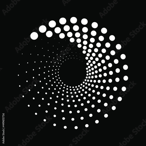 White halftone dots in spiral form. Halftone design element for border frame, round logo, blackout tattoo, sign, symbol, web pages, prints, template, pattern and abstract background