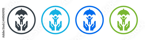 Child protection with hands holding young boy with umbrella icon symbol.