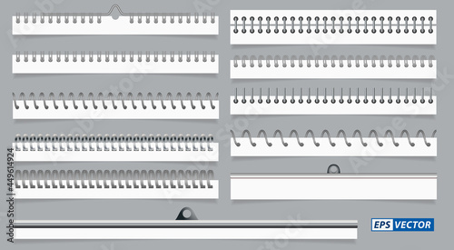 set of realistic spiral paper sheets or calendar spiral wire or notepad binder steel rings or metal binder notebook. eps vector