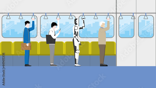 In the future, a cyborg is a part of human daily life. Office worker and businessman standing with a robot inside city train cabin. The lifestyle of passengers going to work by public transportation.