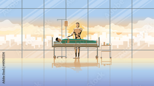 Medical robot check-up sick patient sleep on the bed in hospital at the early morning sunrise. Substitute of doctor hard working in risk area of virus epidemic and pandemic for protect the infection.