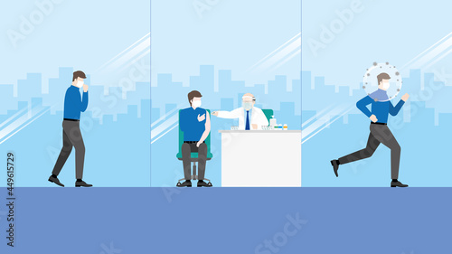 Before and after vaccination. A man is sick and cough. The doctor is vaccinating. The Vaccinated and immunized man has a virus protection bubble on his head. Running man recovery from virus-infected.