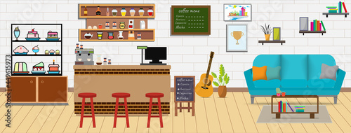 Coffee shop.Empty Cafe bar counter for serving coffee with cash box and menu board.sweet desserts,wooden counter, stools,sofas,Vector Coffee Shop and Cafe concept.