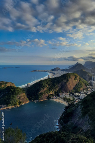 Touristic view of the city of Rio de Janeiro at sunset  from the top of the Sugar Loaf Mountain. Brazil