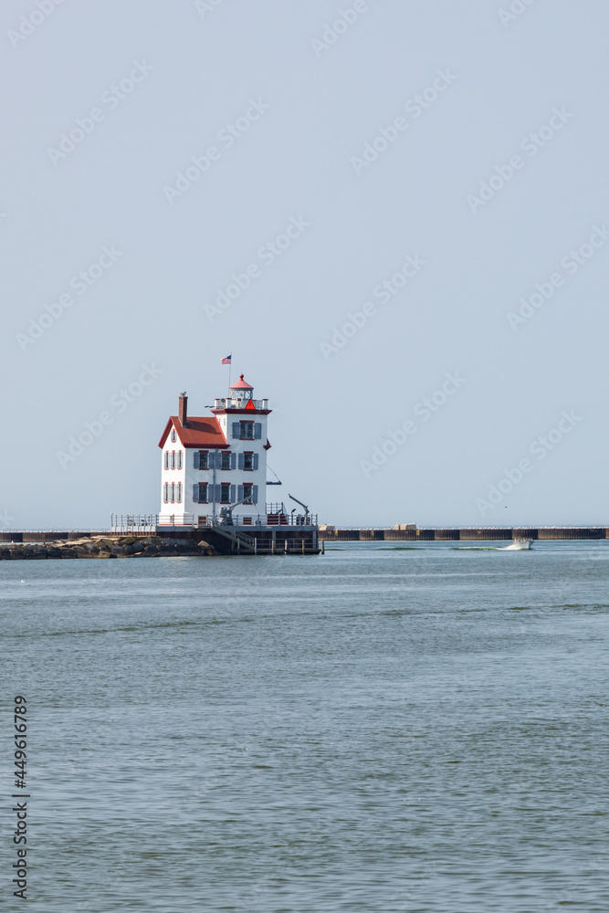 Lorain lighthouse and boat, Ohio, USA