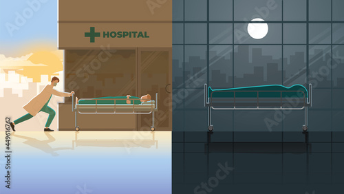 Day and night concept. The severity of the disease, infection, and the pandemic of COVID-19, medical staff transport bedridden patients to a hospital in the morning. Then, the patient died at night