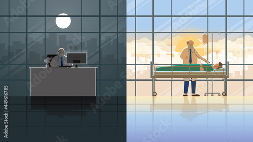 Medical concept of a senior doctor working on a desktop computer at the night and then check-up sick patients in the early morning. A career lifestyle of work hard overtime and overwork in a hospital.
