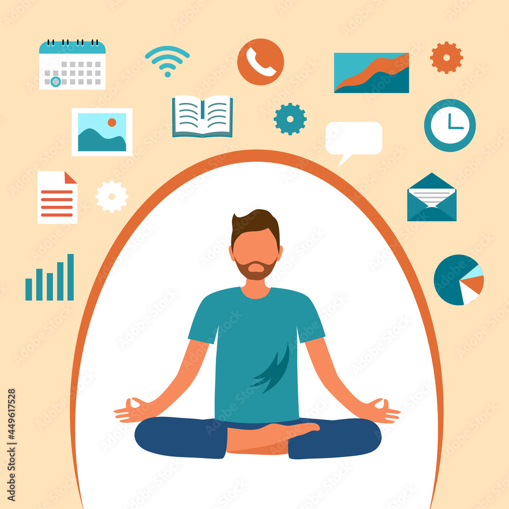 Man meditating in lotus pose and relax mind from business and work. Keep calm and relaxation by meditation.