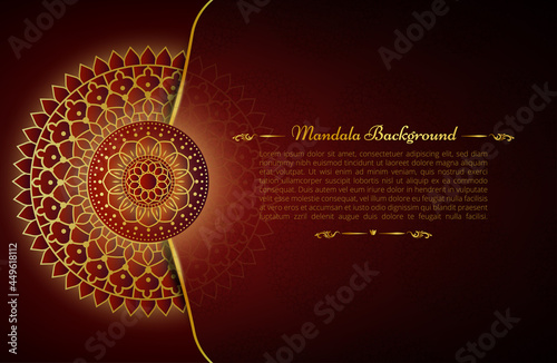 Art of traditional Indian geometric. Luxury mandala graphic background. gold ornamental on red color shadow transparency. Decorative pattern east style. Vector illustration with copy space.