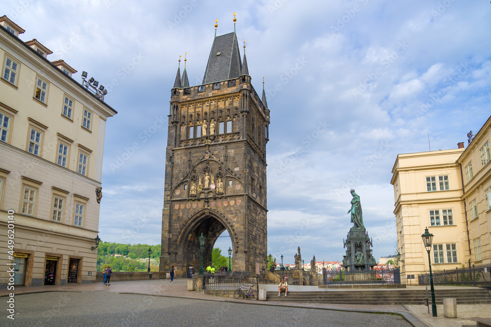 View of the Old Town Tower of Charles Bridge in April morning. Prague, Czech Republic