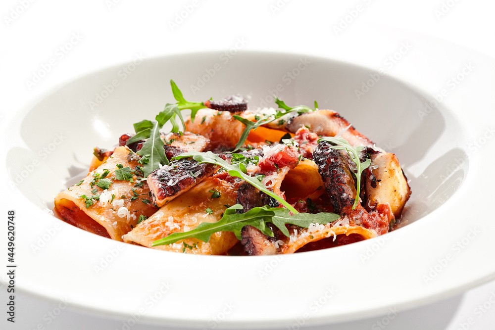 Tuna Cannelloni pasta - noodles plate with tuna fish meat. Pasta dish with tuna, tomato sauce and rocket salad. Restaurant gourmet cannelloni pasta food plate isolated on white background.. Tuna Cannelloni pasta - noodles plate with tuna fish meat. Pasta dish with tuna, tomato sauce and rocket salad. Restaurant gourmet cannelloni pasta food plate isolated on white background..