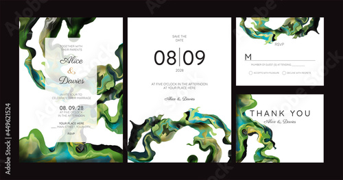 Modern abstract luxury wedding invitation design or card templates for birthday greeting or certificate or cover with green watercolor waves or fluid art in alcohol ink style.