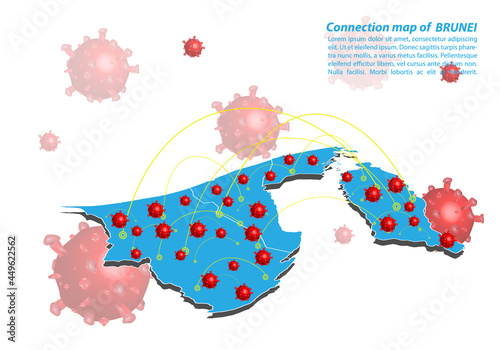 Vector of map connection of brunei Darussalam with Covid-19 Virus image on it, the COVID-19 outbreak spread. ​Coronavirus is spread to all over the world and infected to all countries.