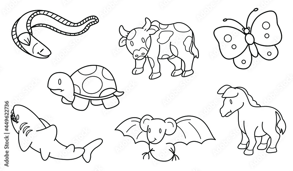 Cute design animal outline vector set 20 (shark turtle bat cow horse butterfly eel) Cute design animal outline vector set 20 (shark turtle bat cow horse butterfly eel)