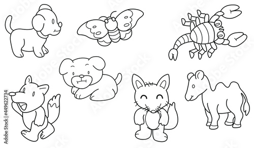 Cute design animal outline vector set 19 (dog butterfly fox camel shrimp)