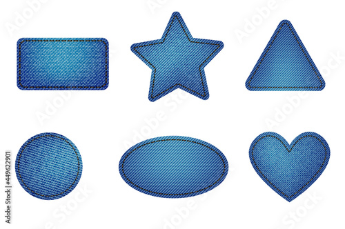Set of blue denim patches with stitch. Light blue denim. Patches of different shapes rectangle, circle, square, triangle, heart, oval. Vector illustration