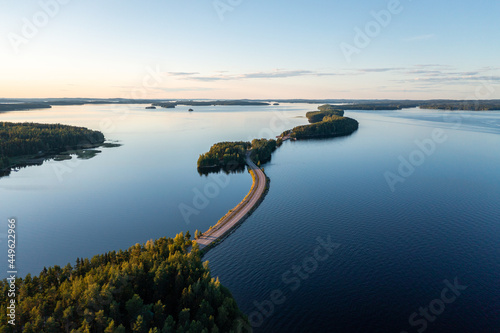 Photography Pulkkilanharju ridge road and calm Päijänne lake in summer in Finland
