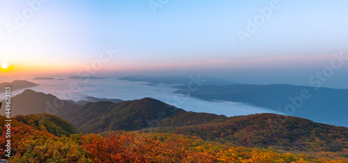 Aerial photograph at Cheonmasan Mountain on the most beautiful day of autumn In the morning and beautiful fog Colorful autumn season in South Korea