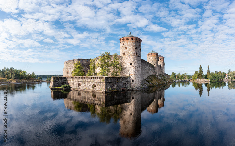 Aerial panorama view of Olavinlinna Castle in summer in Finland.