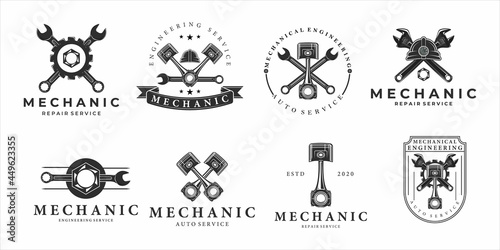 set of mechanic logo vintage illustration template icon design. bundle collection of various piston helmet wrench engineering concept for industrial logo emblem label photo